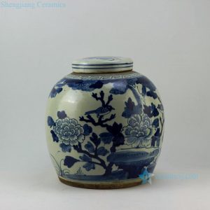 RZEY04 12" Flat top lid blue and white jars flower and bird