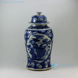 RZEY07 19.4" Painted blue and white with medallion trees and bird design porcelain ginger jars