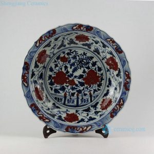 RZEZ09-B 17" Ming Reproduction blue and white copper red floral Porcelain plates