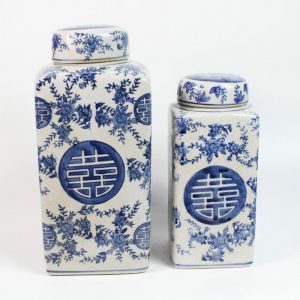 RYPU13 Set of 2 Blue and White Square Tin Jar with Round Lid