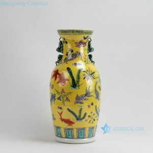 RZFA04 H16.5" Jingdezhen Yellow Famille rose porcelain vases hand painted fish design