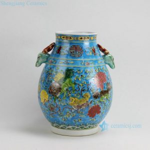 RZFA08 H13 Inch Jingdezhen hand painted Famille rose kylin design porcelain deer handle vase