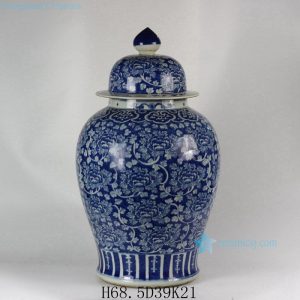 RYLU47 H27" Hand painted Flower Design Blue and White Temple Jars