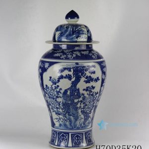 RYLU48 H27.6" Hand painted Medallion Flower Bird Design Blue and White Temple Jars