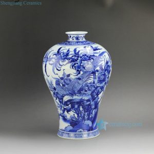 RZFD02 H13" Qing dynasty Kangxi period reproduction Bright Blue White  Flower Bird Porcelain Vases