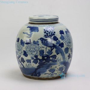RZEY03-B Flower Bird Design Flat Top Lidded Blue & White Jars