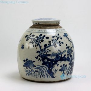 RZEY03-C 11.5" Flower Design Blue and White Flat Top Lidded Jars