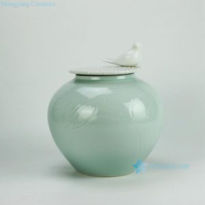 2N03-A/B Celadon Carved Bird Porcelain Jar