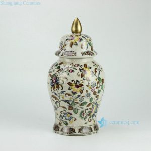 RYPU26 h14.5inch Crackle Floral design with Gold Knob Cearmic Temple Jar 