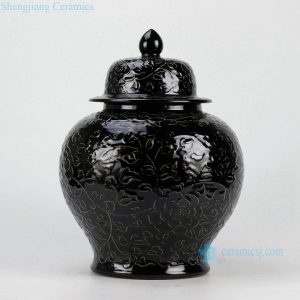 RYDB37-C H14" Black Engraved Flower Ginger Jar