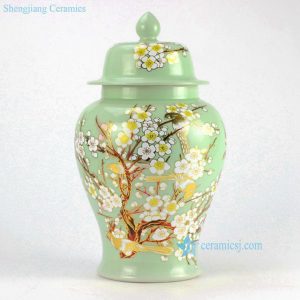 RYKB135 Pale Green Flower design Ceramic Ginger Jar