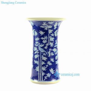 RYLU63 H16" Blue and White Bamboo Bird Design Flower Vase