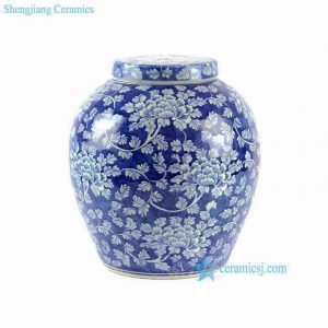 RYLU65 H12.6" Blue and White Floral Lidded Jar
