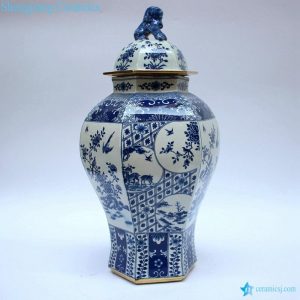 RYJF63  RYJF63-B    Blue and white ceramic oriental jar with lion knob