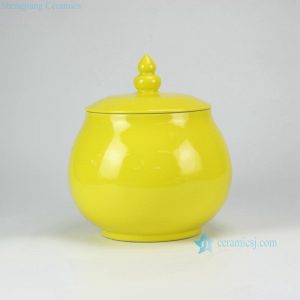RYKB129    Lemon yellow glazed flat lid with metal ring collectible cookie jar