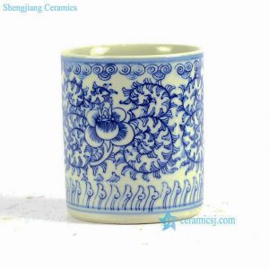RYLU81  Hand painted blue and white floral pattern straight tube shape porcelain pen holder