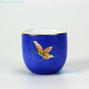 RYMY21-A/B    famille rose butterfly pattern needle painting blue background gold gilded edge hand paint chinaware tea cup
