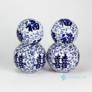 RYPU23-B  Double happiness and good fortune letter pattern blue and white ceramic ball