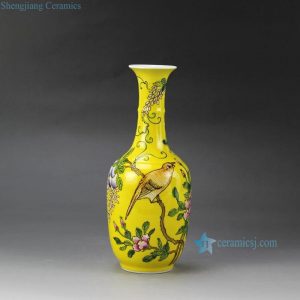 RYRK22    Famille rose glazed hand painted bird grape floral pattern yellow decorative vase