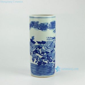 RYWD14  Blue and white straight slim tube shaped hand paint bird floral pattern chinaware quvier pen container