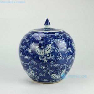 RYWD16   Blue and white hand painted butterfly herbal pattern round belly candle jar