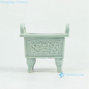 RYXP34    Plain color celadon glazed inlaid chinese dragon engraved pattern quadripod incense burner
