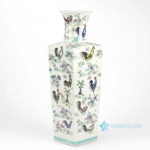 RYYQ02    Rectangular body open mouth hand paint colorful roosters pattern enamel porcelain big vases 