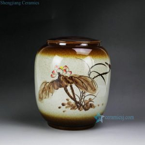 RZAR31   High temperature flambe glazed rough clay hand paint lotus pattern flat lidded brown chinaware jar