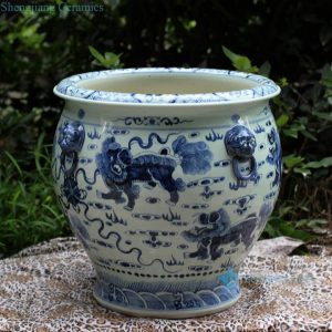 RZFH03  Hand paint blue and white lions playing with silk ball pattern porcelain storage huge vat