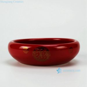 RZFV01 China red glaze golden happiness mark shallow ceramic rinse pot