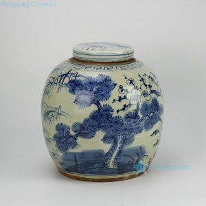 RZFZ05-B   three durable plants of winter -- pine , bamboo and plum blossom pattern hand paint blue and white antique porcelain jar