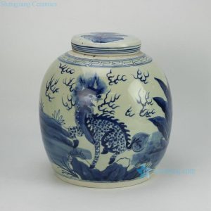 RZFZ05-E vintage hand paint chinese kylin pattern blue white porcelain storage bottle