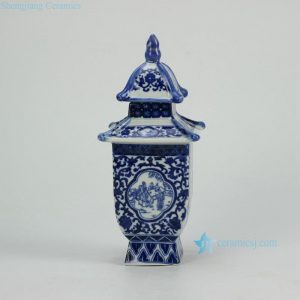 RZGE02    Blue and white ancient folk daily life pattern ceramic pagoda figurine