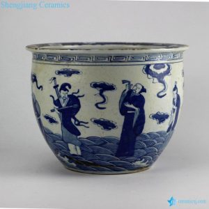 RZHZ01-A     Antique blue and white hand paint the eight immortals pattern big porcelain fish bowl