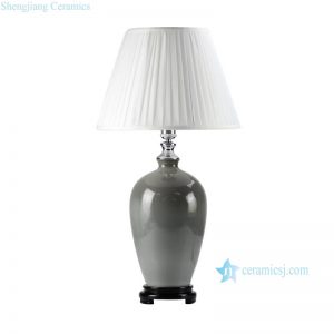 DS56-RYNQ     Jingdenzhen China produce grey solid color glaze ceramic modern lamp with wooden base and pleated fabric lamp shade
