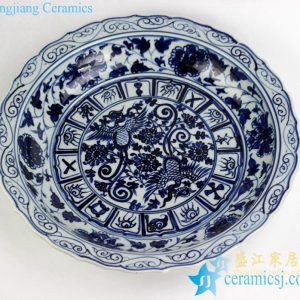 RZEZ09-E     Hand paint phoenix pattern carved floral edge blue and white large ceramic plate