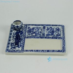 RZGE05   Blue and white Chinese calligraphy ink slab with pen rack and ink pot