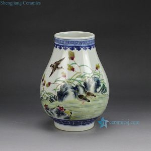 RZGU01    hand paint famille rose wild goose pattern barrel shape porcelain vase