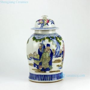 RZHD01     Doucai contrasting color the three gods of fortune, prosperity and longevity pattern blue and white porcelain antique jar