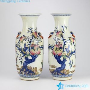 RZHD03    Reproduction antique style blue and white clashing color glaze hand paint children picking longevity peach pattern ceramic pair vases