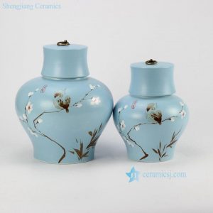 RZHK01    Hand paint flower bird pattern unique design sky blue ceramic pair jar