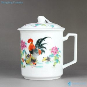 RZIC01-E   Cock hen chick warm family pattern cheap daily use glowing ceramic water mug with special lid and handle