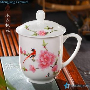 RZIC03-A E F G   400cc Pink plum blossom mark hot sale Chinese promotional healthy porcelain water cup with lid and handle