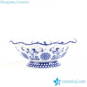 RYPU36      Popular and graceful blue and white floral wave rim porcelain fruit serving bowl