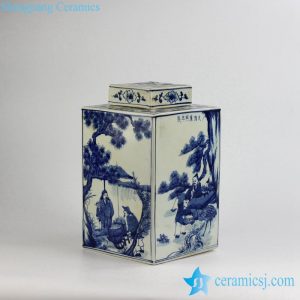 RYUK15-B      Qing Dynasty Kangxi Emperor era reproduction hand paint ancient Chinese farming life pattern ceramic square blue and white jar