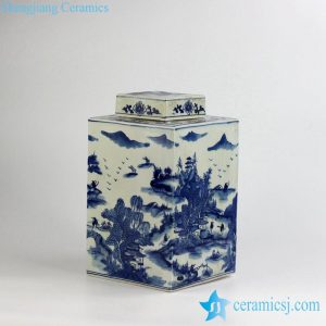 RYUK15-C        Qing Dynasty Kangxi Emperor era reproduction hand paint landscape pattern ceramic square blue and white jar