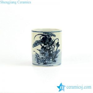 RZIQ01-B      Reproduction ancient style hand paint under glaze blue lotus crane pattern ceramic brush holder