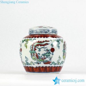 RZIZ01     Contrasting color blue and white doucai porcelain hand paint phoenix pattern ceramic flat lid storage urn