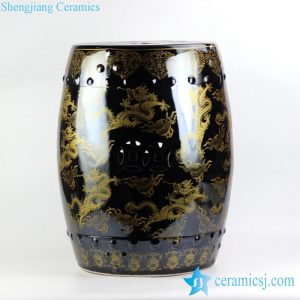 RYNQ194    Large stool in black mirror glaze golden fire dragon pattern porcelain drum stool