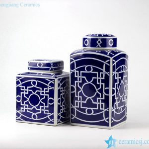 RYPU40       Geometric pattern unique design dark blue and white ceramic square jar in pair
